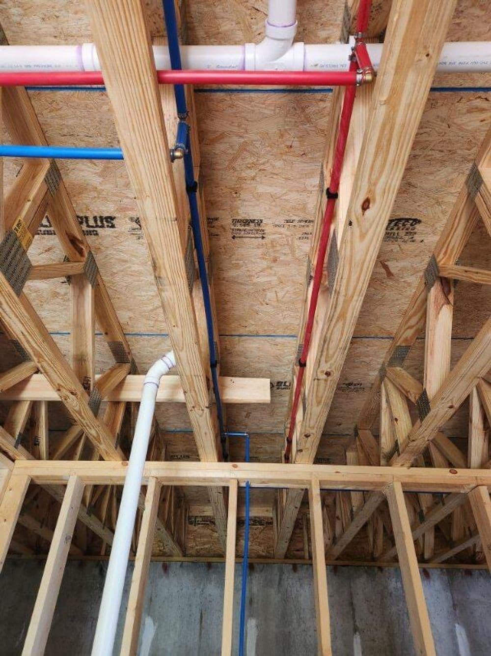 Overhead view of framed ceiling with PVC pipes in red, blue, and white for plumbing installation.