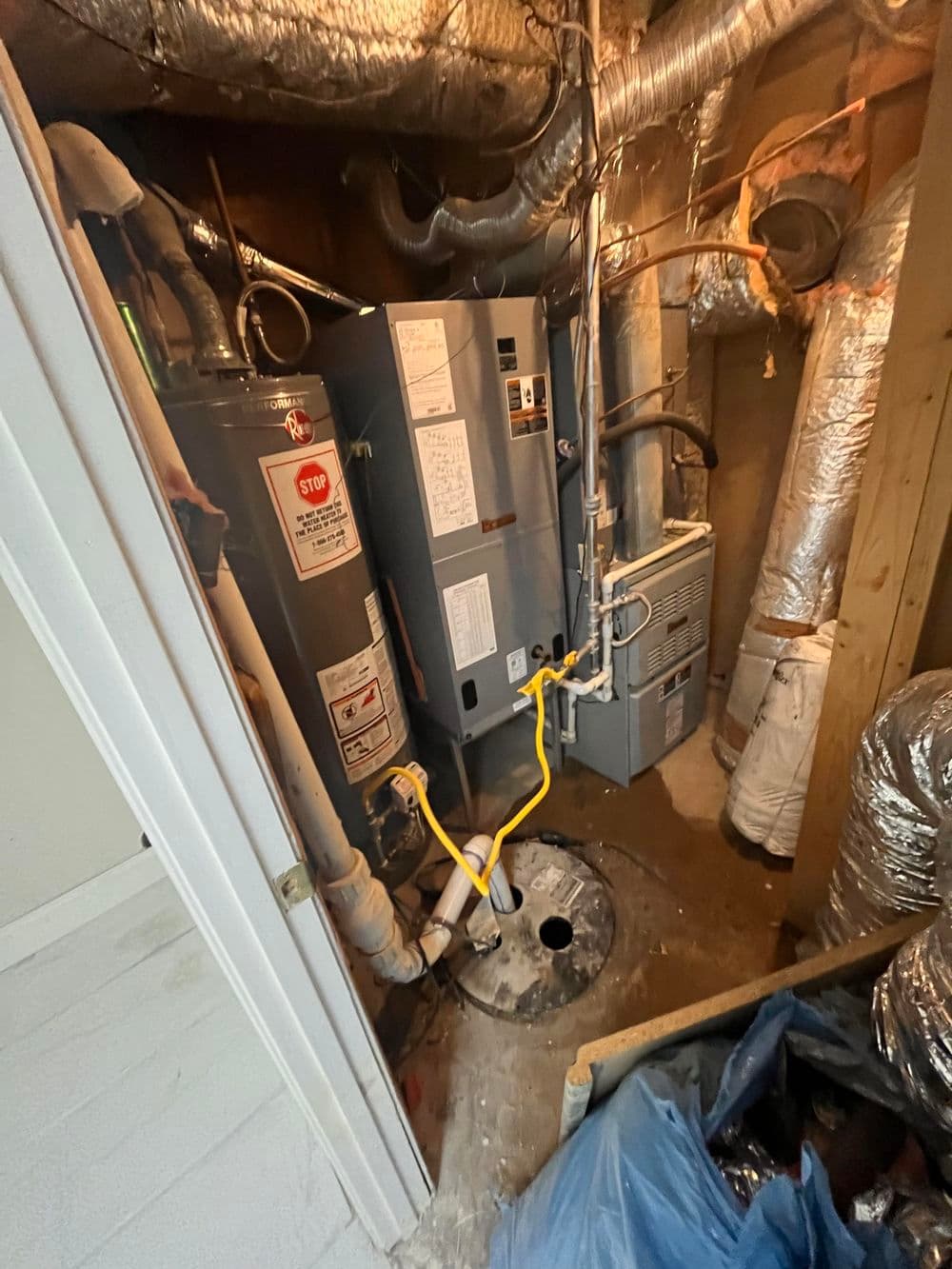 Basement utility area with water heater, furnace, and drainage system.